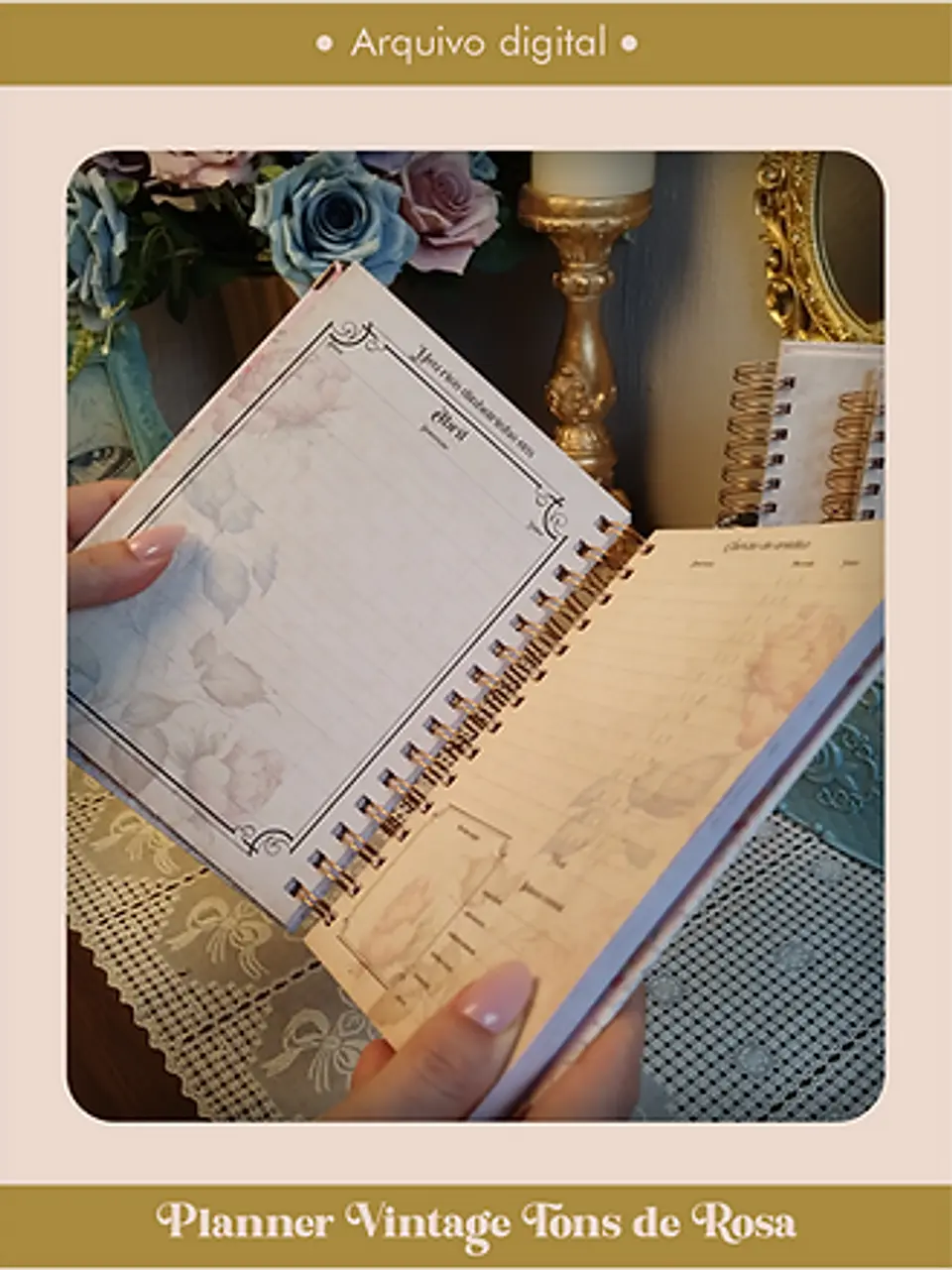 Arquivo Planner Vintage Tons de Rosa 2025 e sem data Wire-o ou Espiral - Perfeito Miolo 2