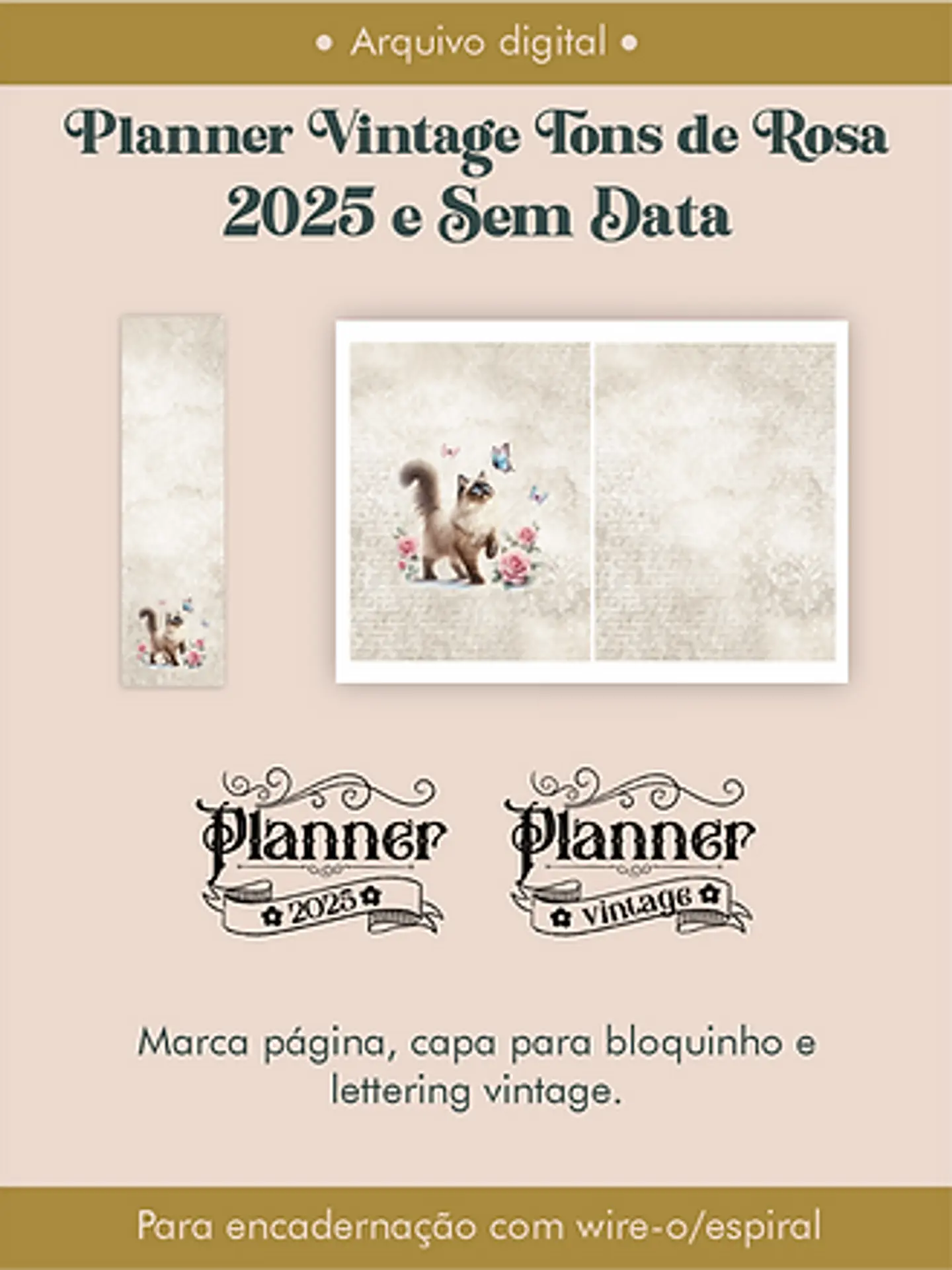 Arquivo Planner Vintage Tons de Rosa 2025 e sem data Wire-o ou Espiral - Perfeito Miolo 3