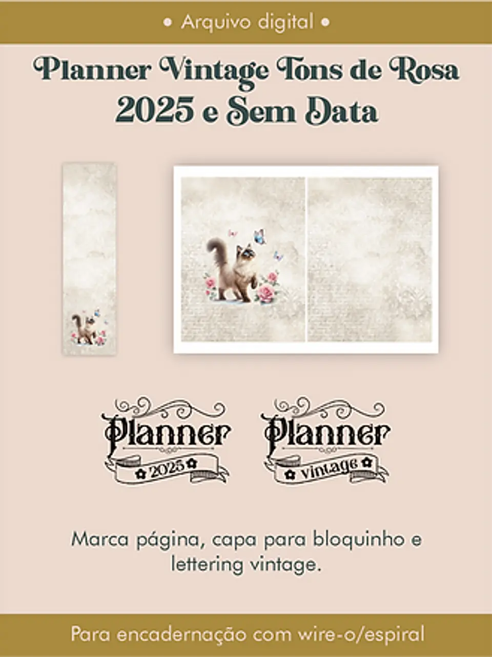 Arquivo Planner Vintage Tons de Rosa 2025 e sem data Wire-o ou Espiral - Perfeito Miolo 3