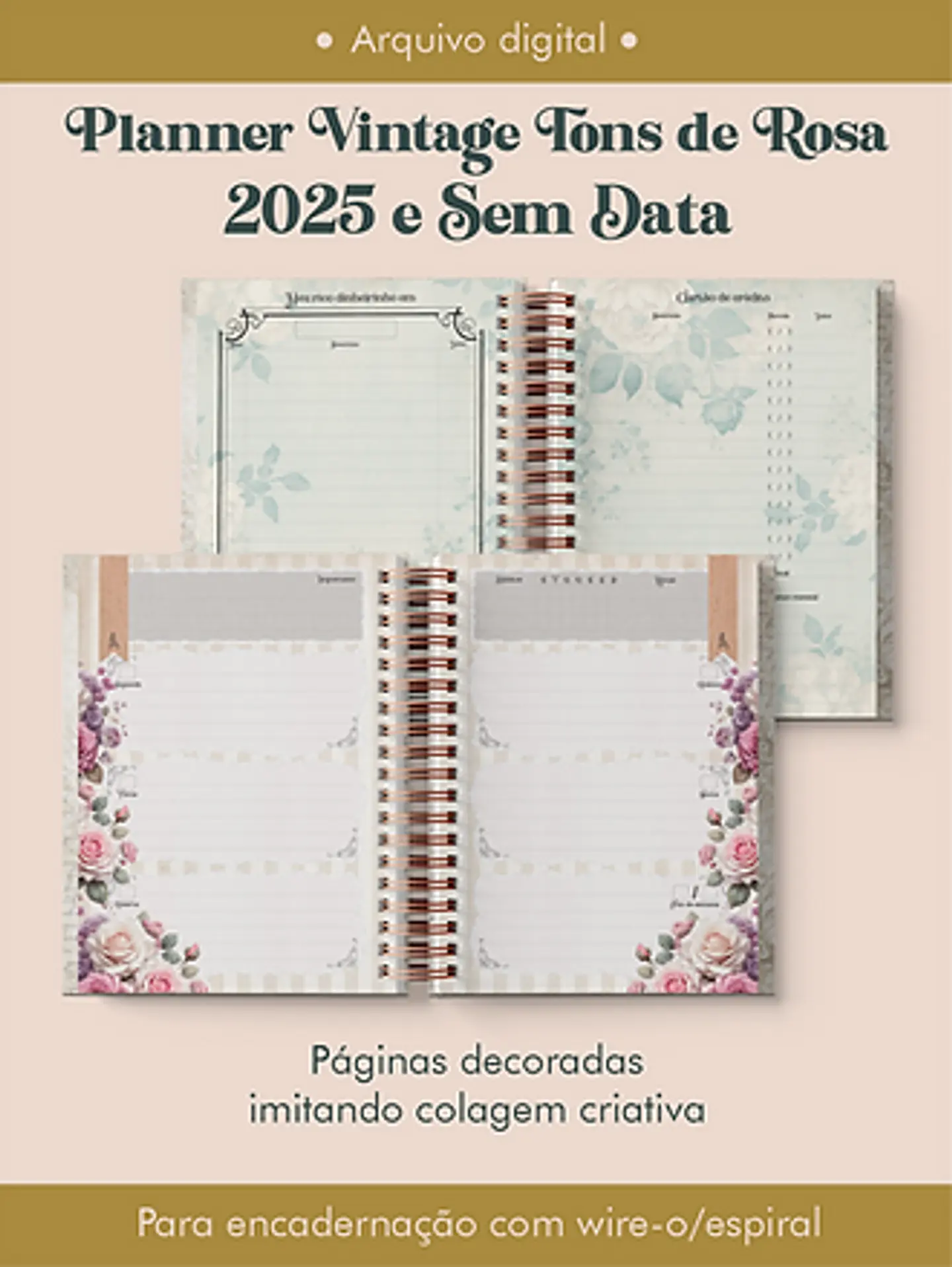 Arquivo Planner Vintage Tons de Rosa 2025 e sem data Wire-o ou Espiral - Perfeito Miolo 4