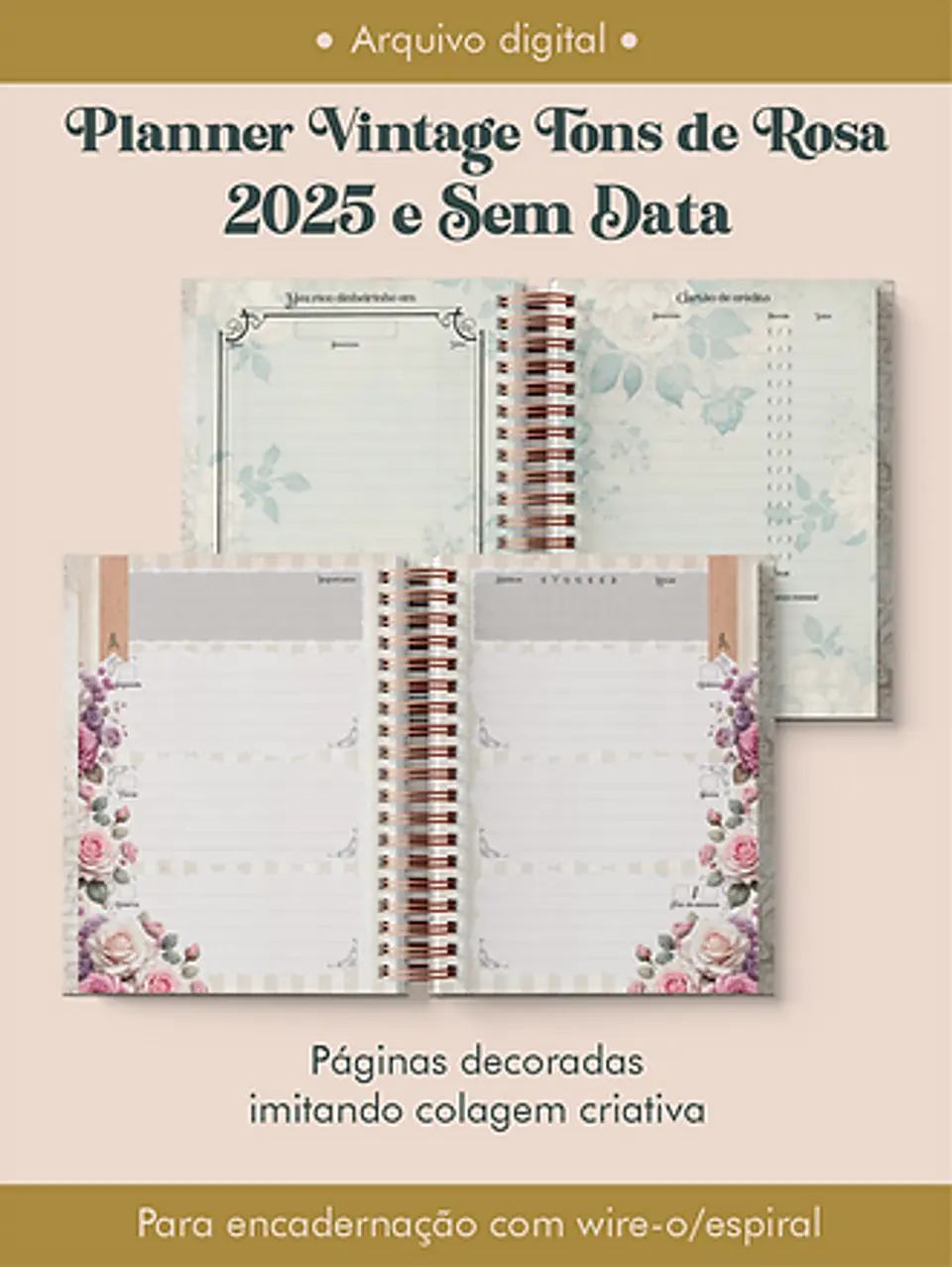Arquivo Planner Vintage Tons de Rosa 2025 e sem data Wire-o ou Espiral - Perfeito Miolo 4