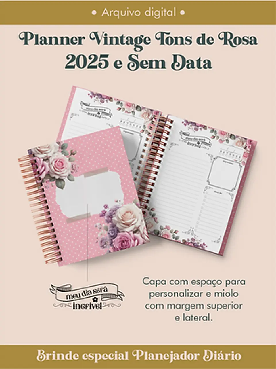 Arquivo Planner Vintage Tons de Rosa 2025 e sem data Wire-o ou Espiral - Perfeito Miolo 5