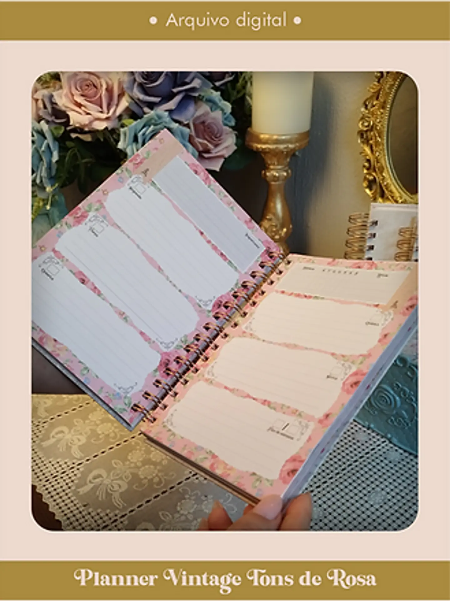 Arquivo Planner Vintage Tons de Rosa 2025 e sem data Wire-o ou Espiral - Perfeito Miolo 6