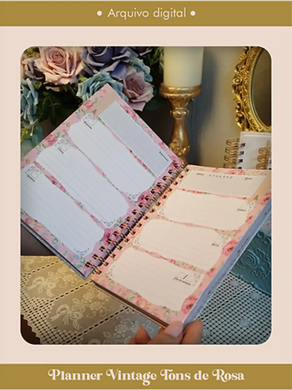 Arquivo Planner Vintage Tons de Rosa 2025 e sem data Wire-o ou Espiral - Perfeito Miolo 6