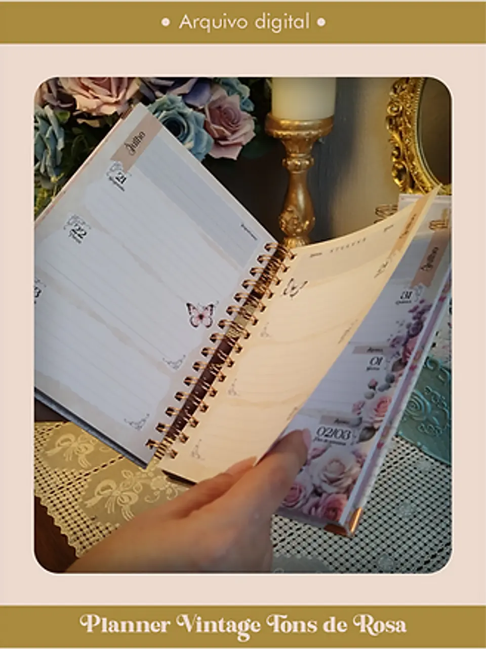 Arquivo Planner Vintage Tons de Rosa 2025 e sem data Wire-o ou Espiral - Perfeito Miolo 7
