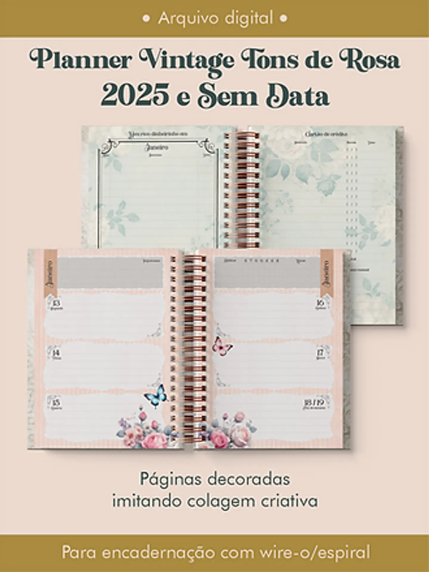 Arquivo Planner Vintage Tons de Rosa 2025 e sem data Wire-o ou Espiral - Perfeito Miolo 13