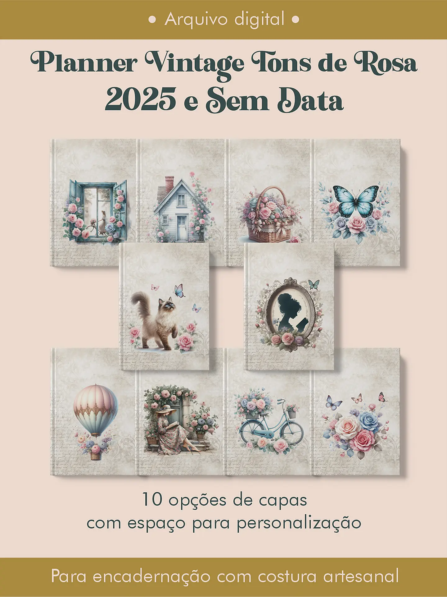 Arquivo Planner Vintage Tons de Rosa 2025 e sem data COSTURA - Perfeito Miolo 1