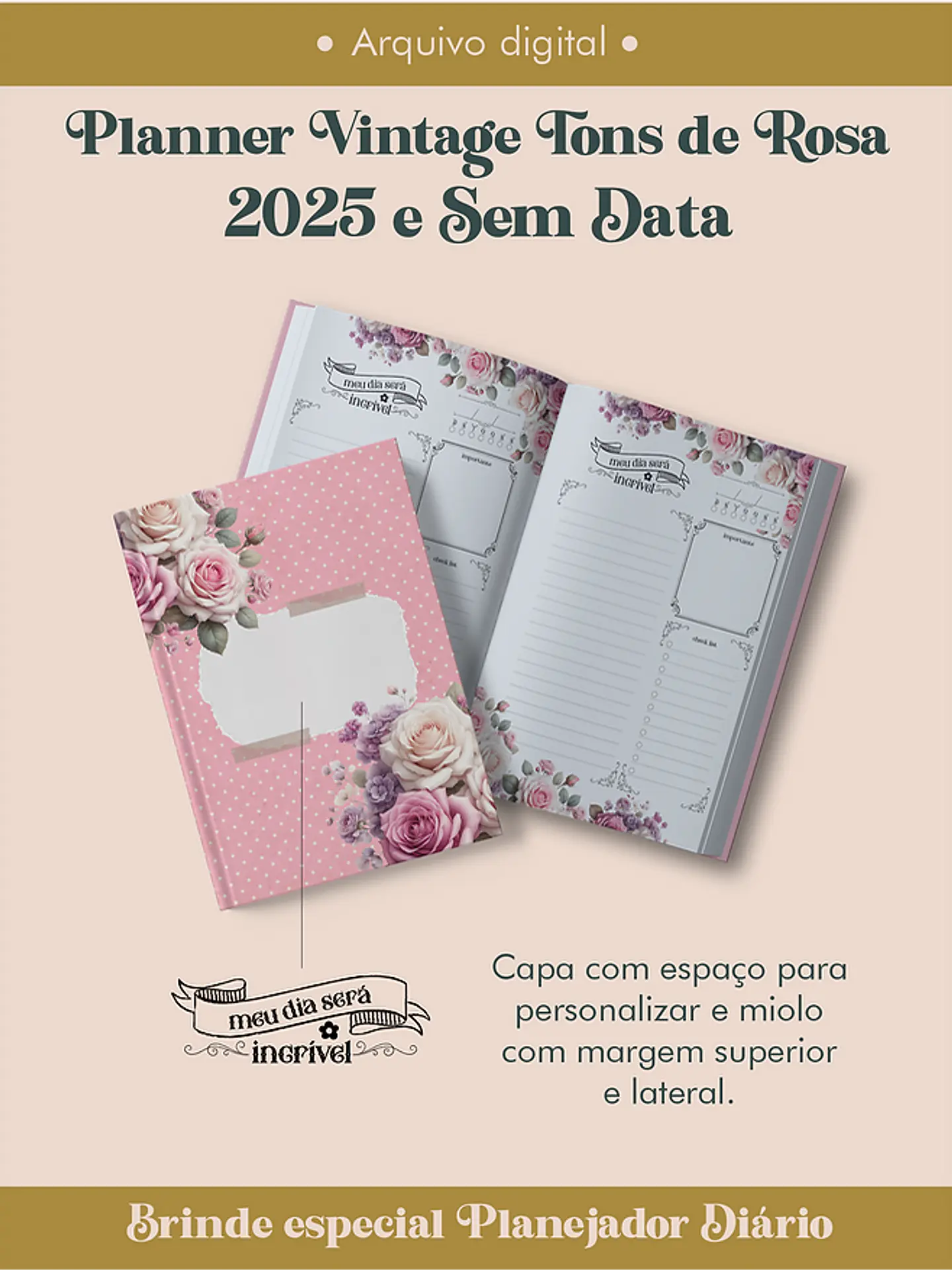 Arquivo Planner Vintage Tons de Rosa 2025 e sem data COSTURA - Perfeito Miolo 2