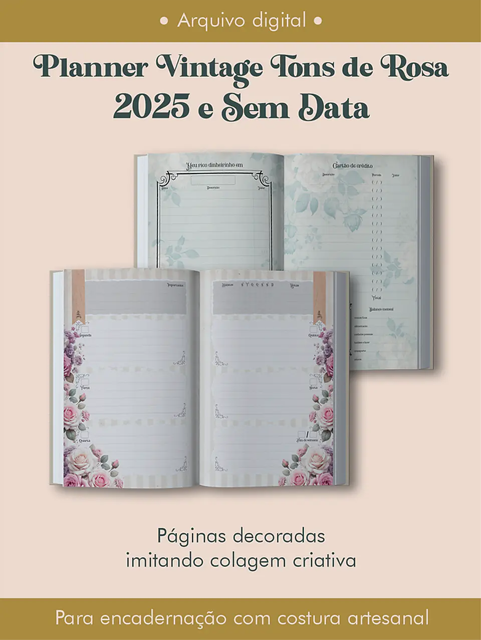 Arquivo Planner Vintage Tons de Rosa 2025 e sem data COSTURA - Perfeito Miolo 4