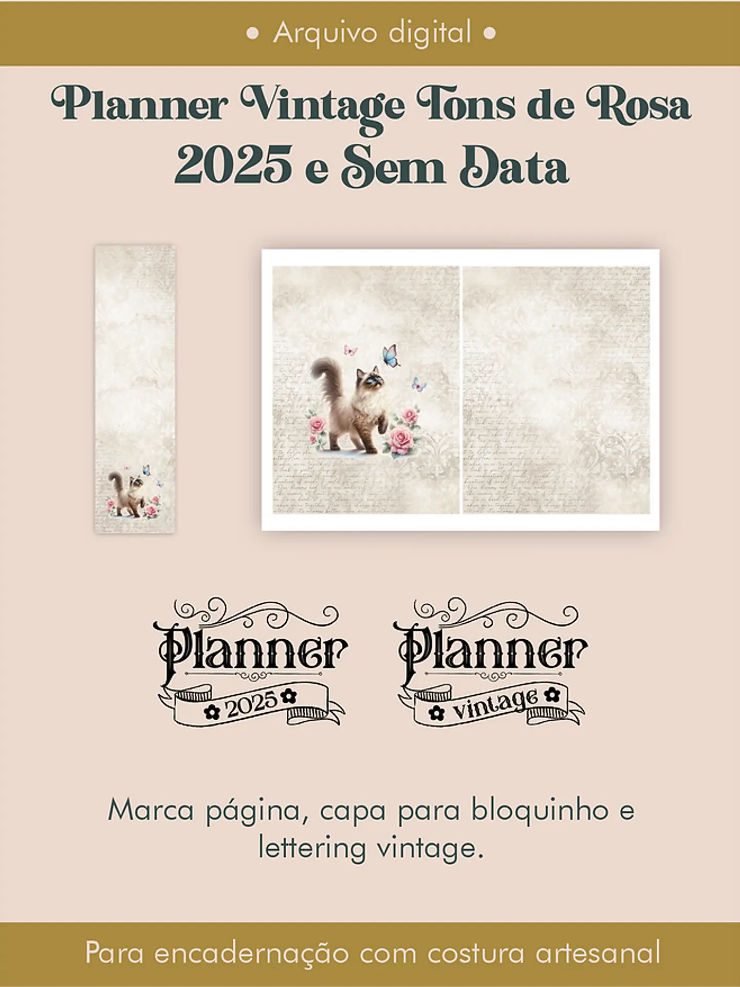 Arquivo Planner Vintage Tons de Rosa 2025 e sem data COSTURA - Perfeito Miolo 8