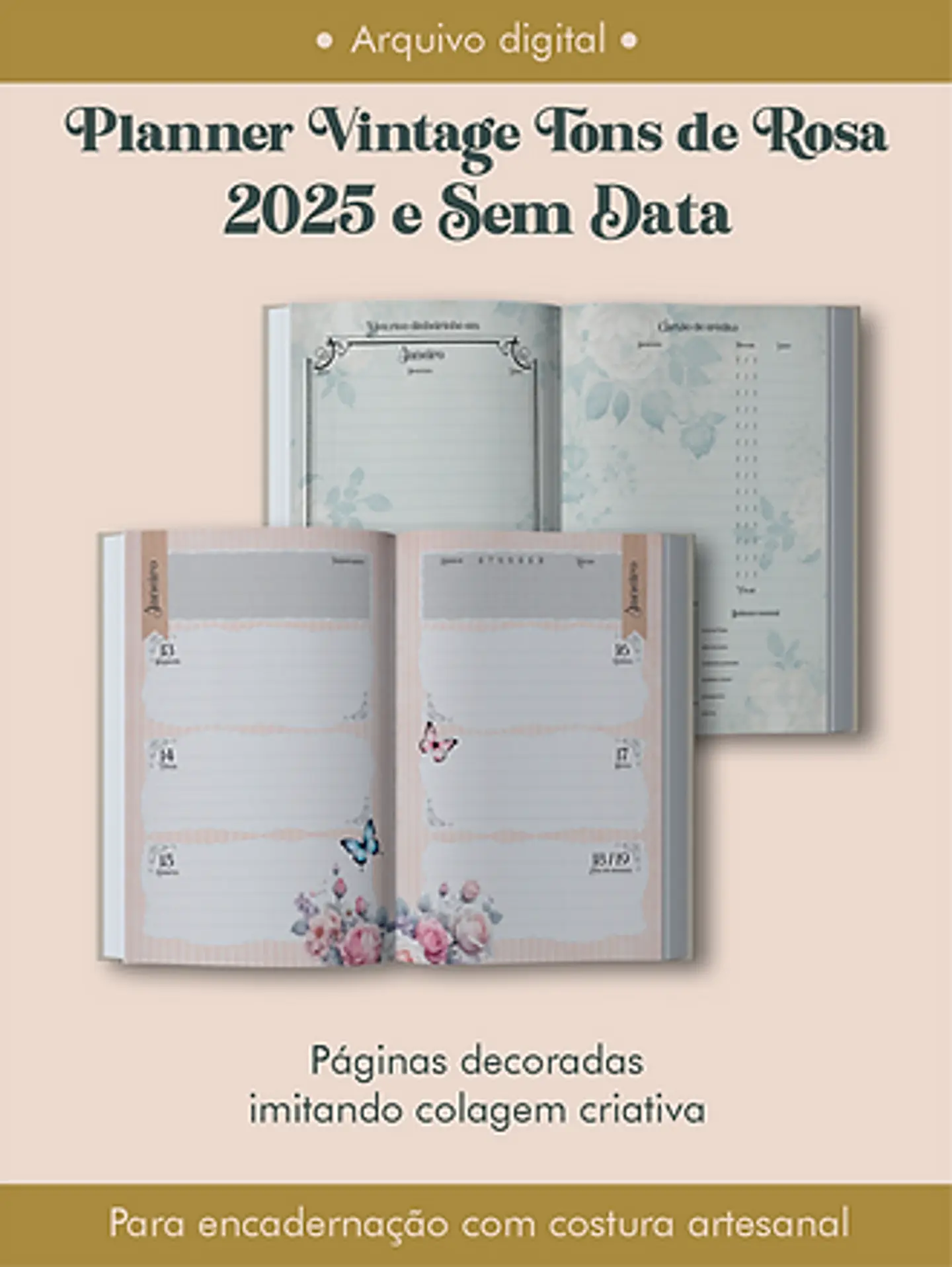 Arquivo Planner Vintage Tons de Rosa 2025 e sem data COSTURA - Perfeito Miolo 10