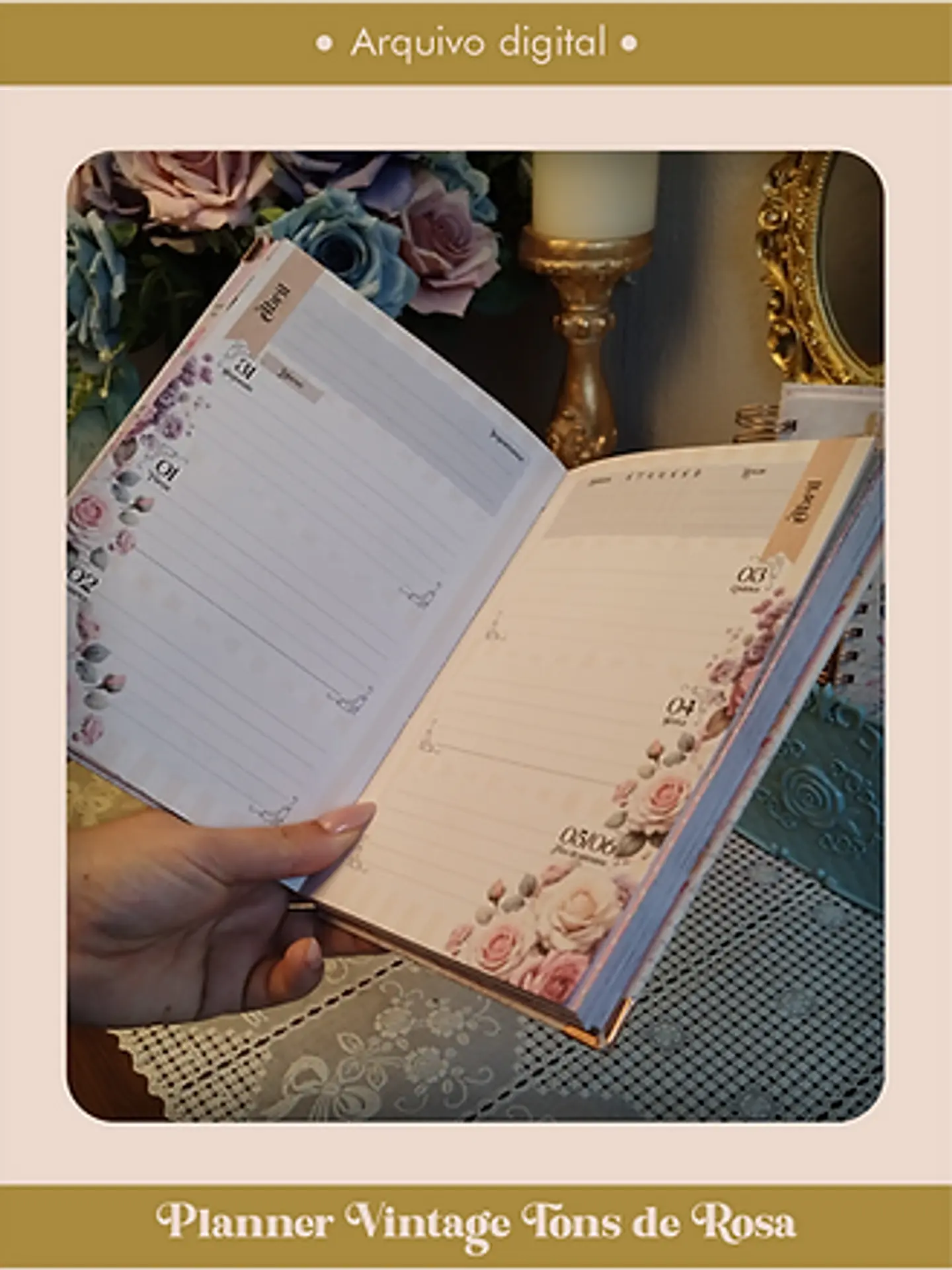 Arquivo Planner Vintage Tons de Rosa 2025 e sem data COSTURA - Perfeito Miolo 11