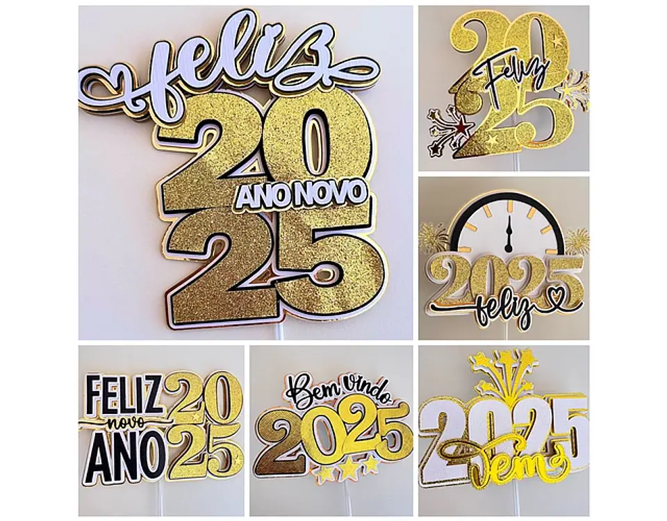 Arquivo topo de bolo Ano Novo 2025 Combo - em camadas 1