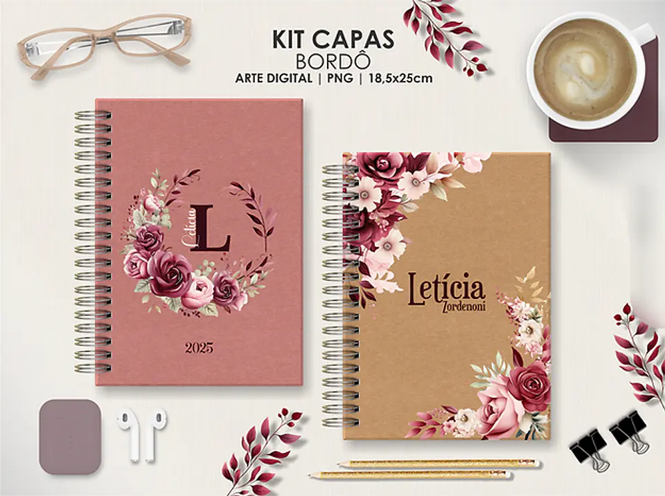 Arquivo Capas Kit Floral Bordô - Moldes da Lê 1