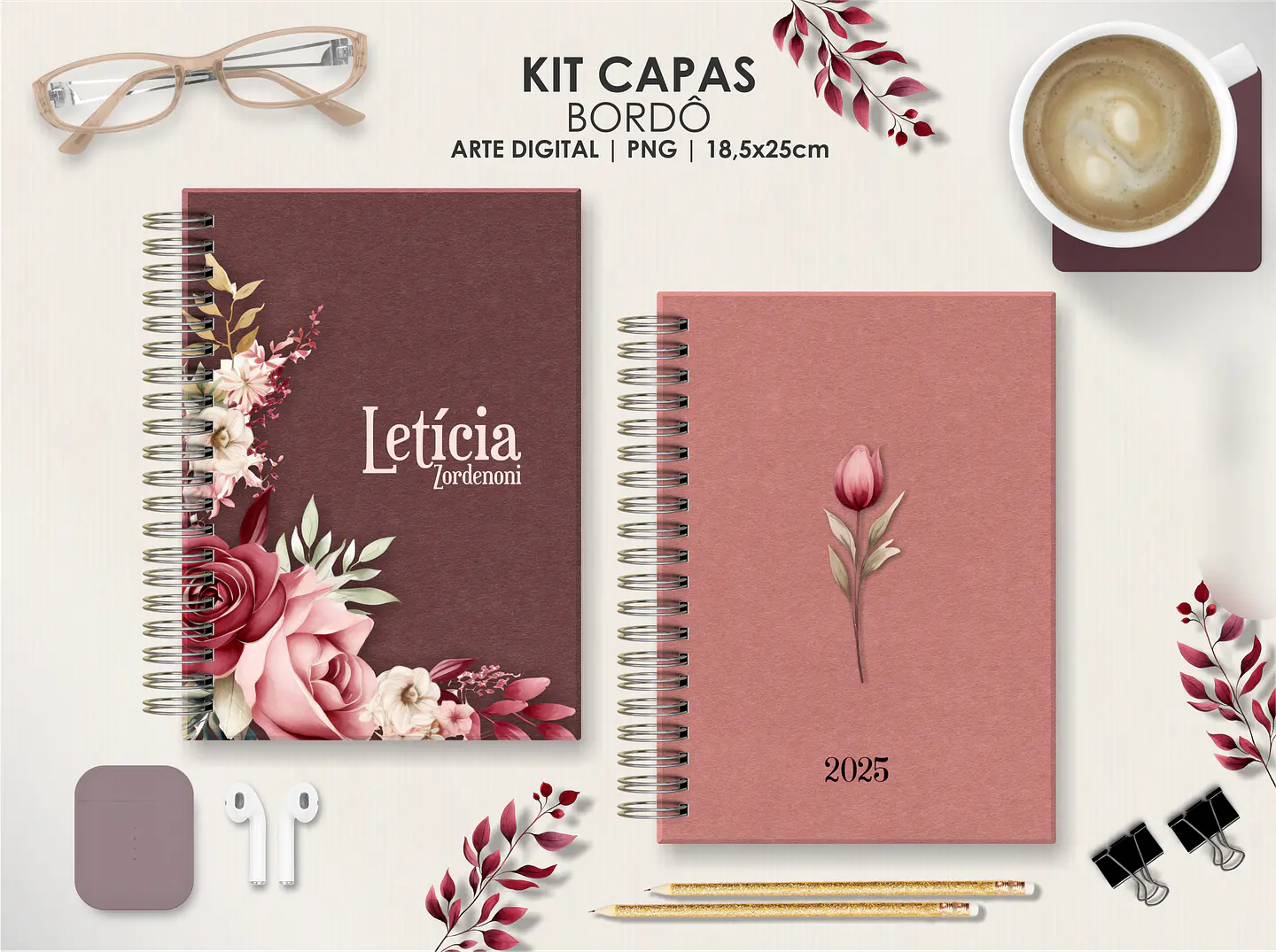 Arquivo Capas Kit Floral Bordô - Moldes da Lê 2