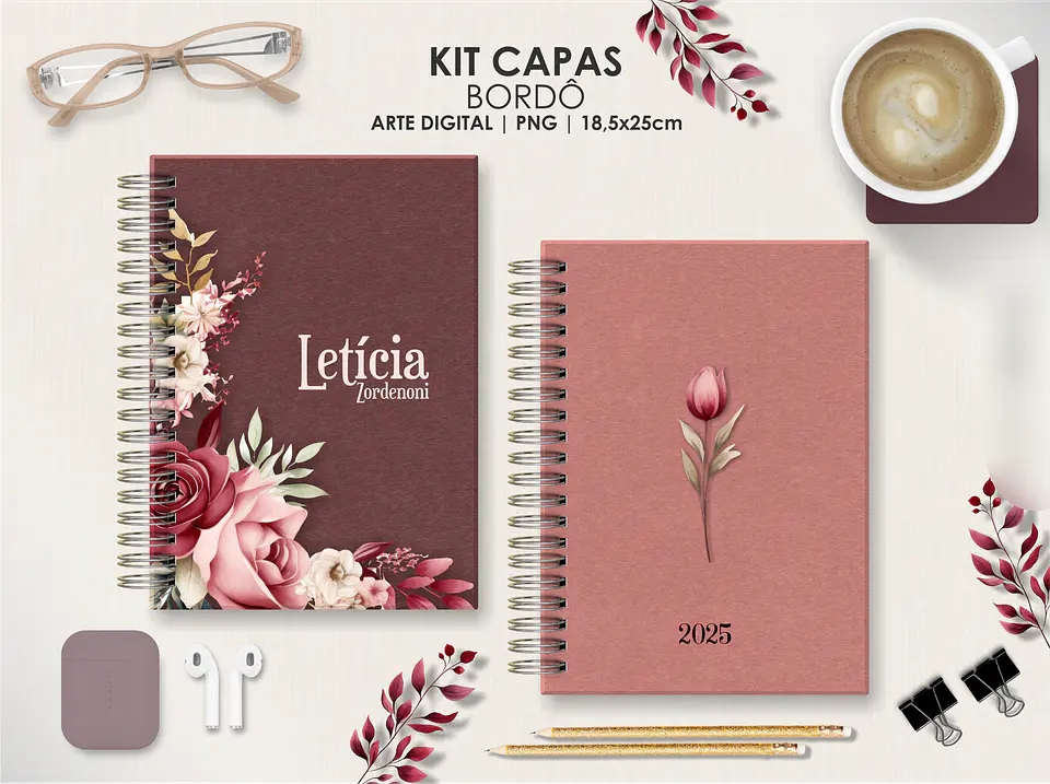 Arquivo Capas Kit Floral Bordô - Moldes da Lê 2