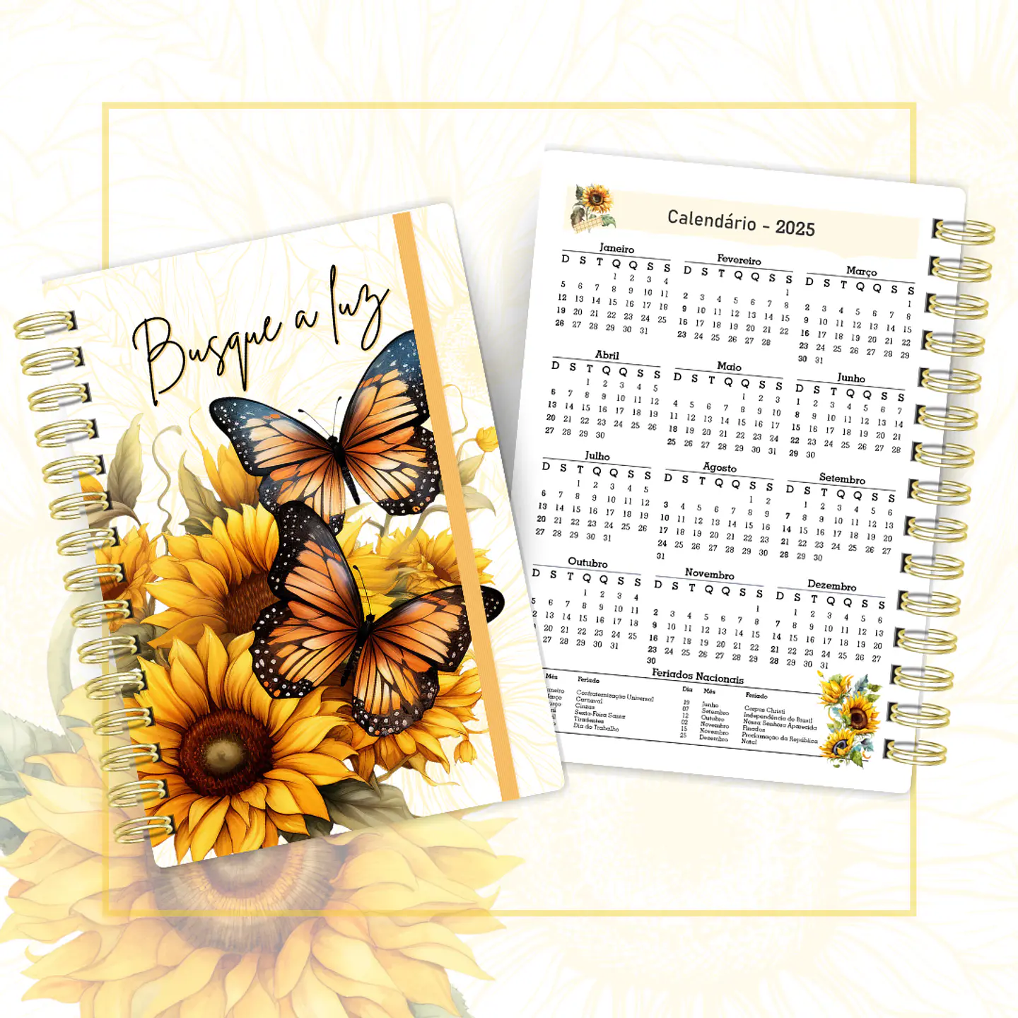 Arquivo Agenda Datada A5 Girassol Borboletas Busque a Luz - Cute Corte 2