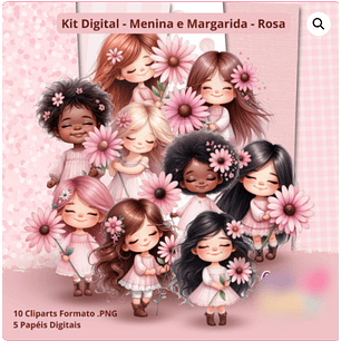 Kit Digital Menina e Margaridas Floral Rosa - Cute Corte