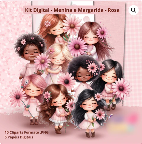 Kit Digital Menina e Margaridas Floral Rosa - Cute Corte