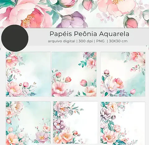 Kit Digital Floral Peônias Aquarela - tutti