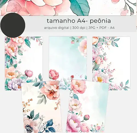 Kit Digital Floral Aquarela Peônias A4 - tutti