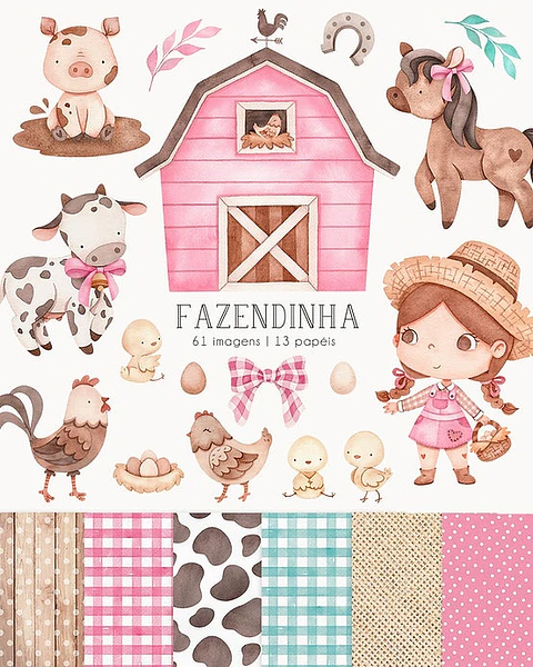Kit Digital Fazendinha Rosa Aquarela - NI ESTUDIO