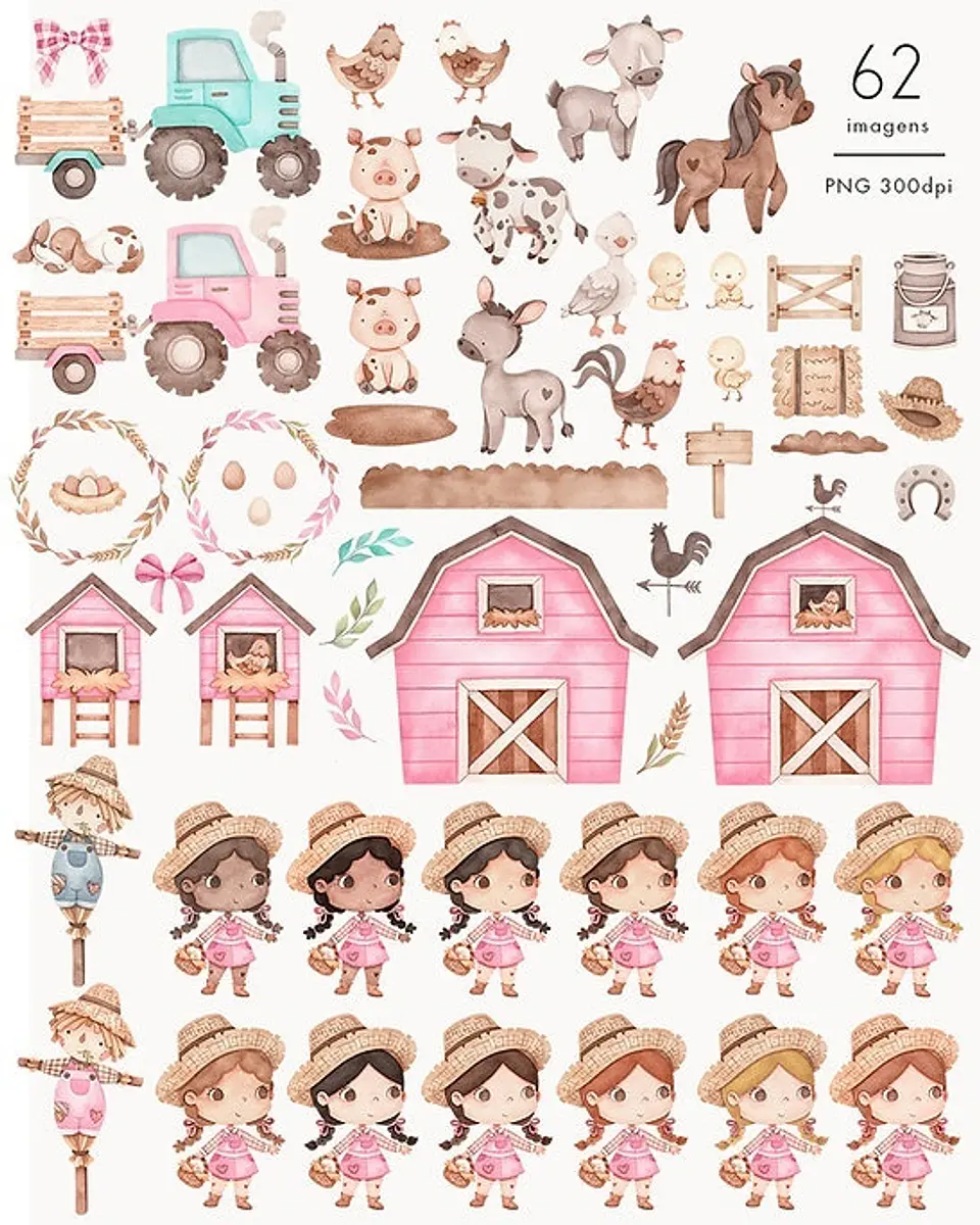 Kit Digital Fazendinha Rosa Aquarela - NI ESTUDIO 3