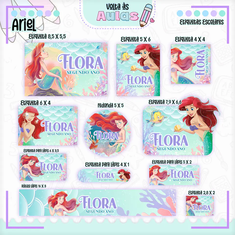 Arquivo Etiqueta Escolar Ariel - Pequena Sereia - Lina 1