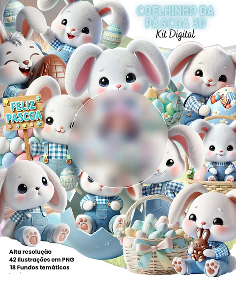 Kit Digital Coelhinha da Páscoa 3D Azul - ETERNIZE