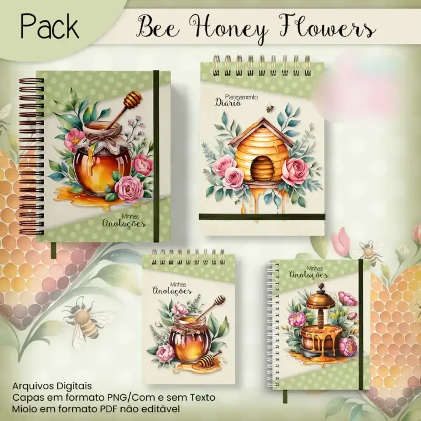 Arquivo Encadernação Bee Honey Flowers Abelha - JANA BICALHO 1