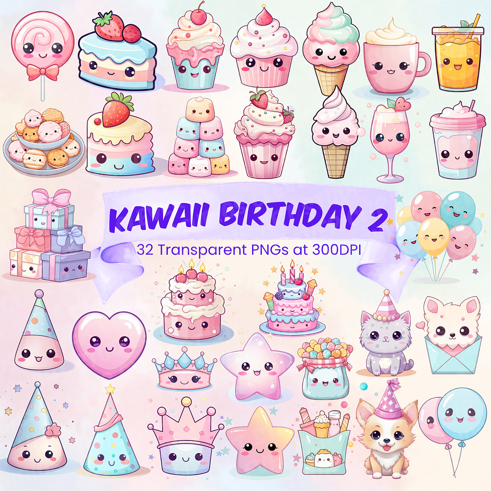 Kit Digital Kawaii Birthday Clipart aniversário 1