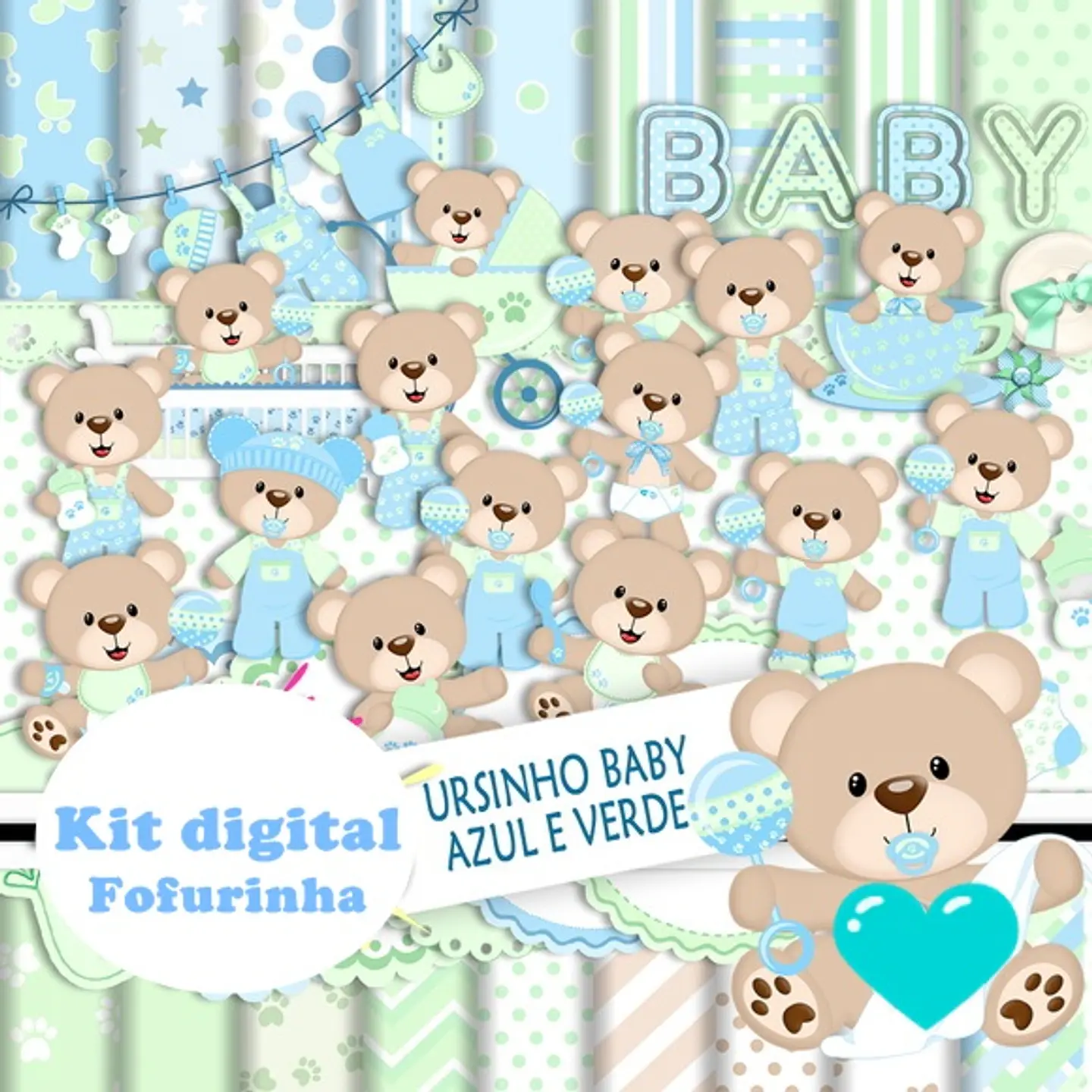 Kit Digital Ursinho Baby Azul e Verde 1