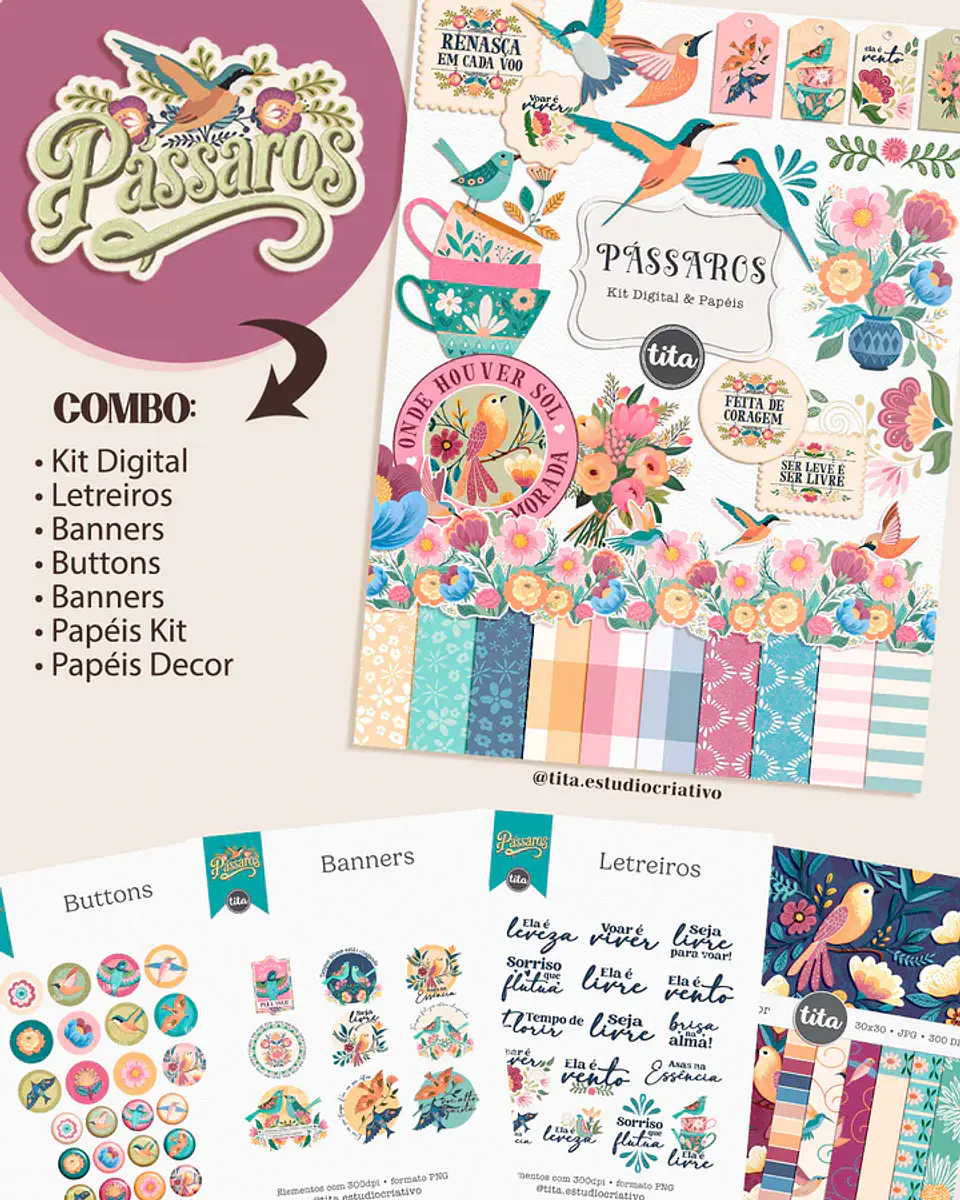 Kit Digital combo pássaros ilustrações e papéis - TITA 1