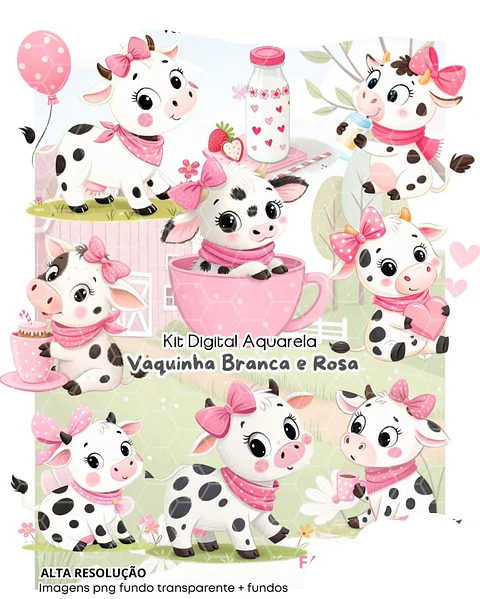 Kit Digital Vaquina branca e rosa - FANDDY