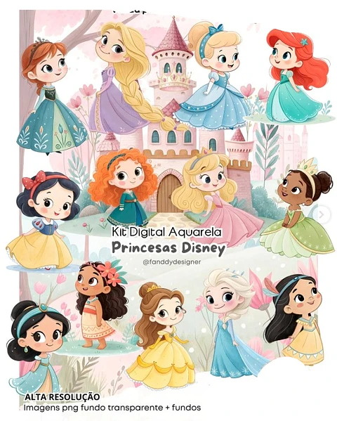 Kit Digital Princesas disney aquarela - FANDDY