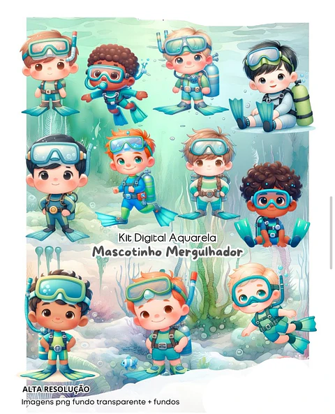 Kit Digital mergulhador mascotinho aquarela - FANDDY
