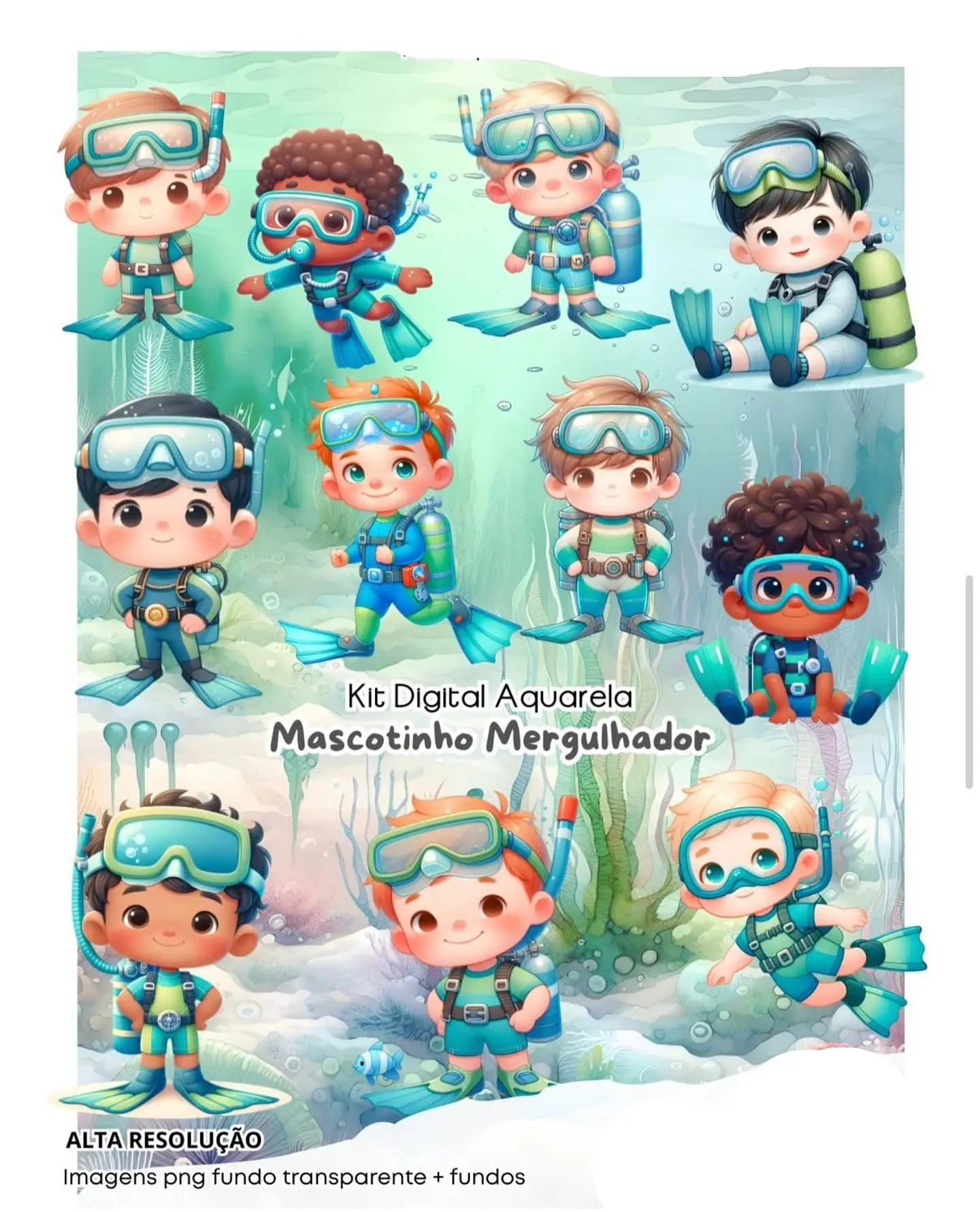 Kit Digital mergulhador mascotinho aquarela - FANDDY 1