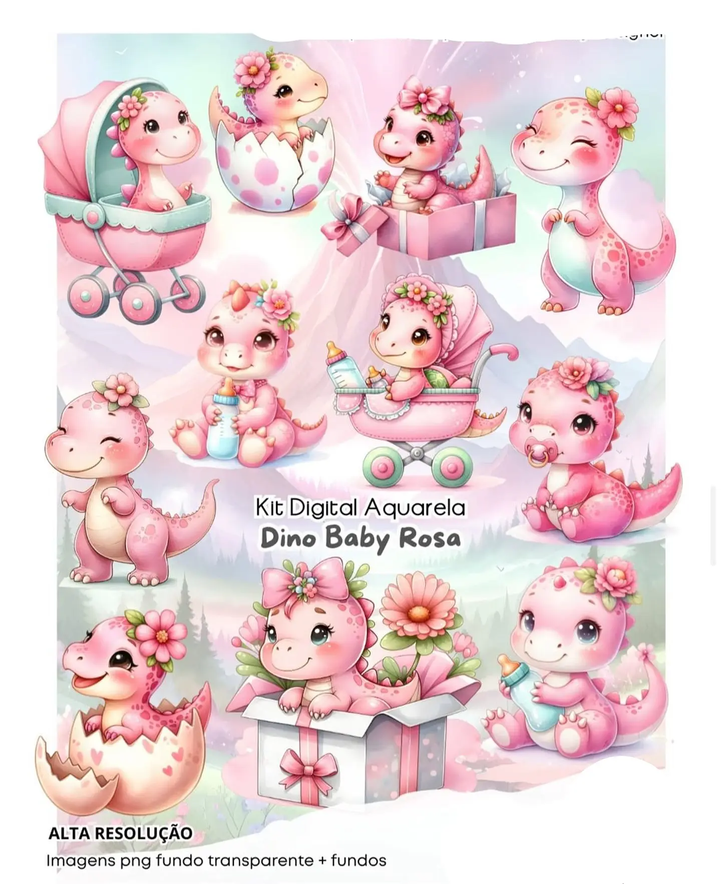 Kit Digital Dino baby rosa aquarela - FANDDY 1