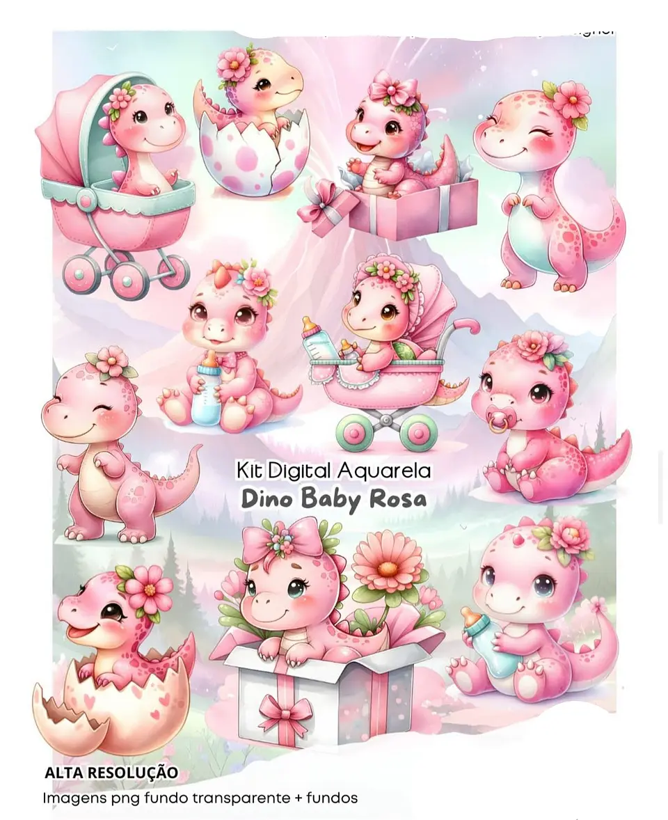 Kit Digital Dino baby rosa aquarela - FANDDY 1
