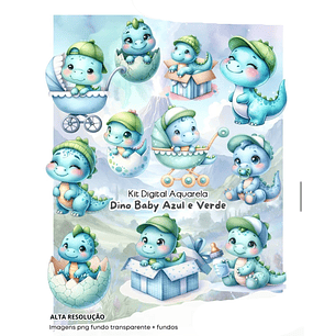 Kit Digital Dino baby azul aquarela - FANDDY