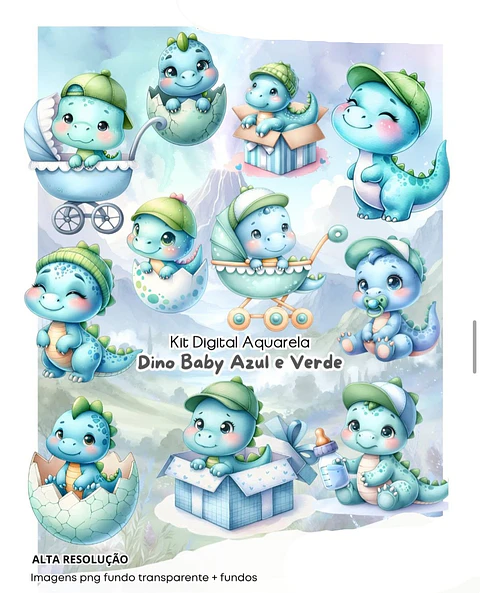 Kit Digital Dino baby azul aquarela - FANDDY