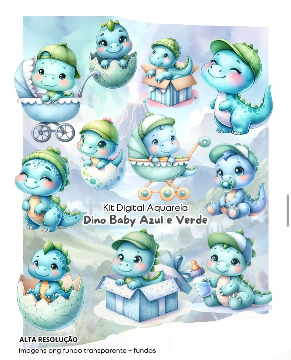 Kit Digital Dino baby azul aquarela - FANDDY 1
