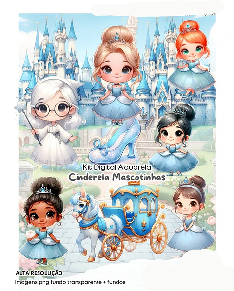 Kit Digital Cinderela mascotinhas aquarela - FANDDY