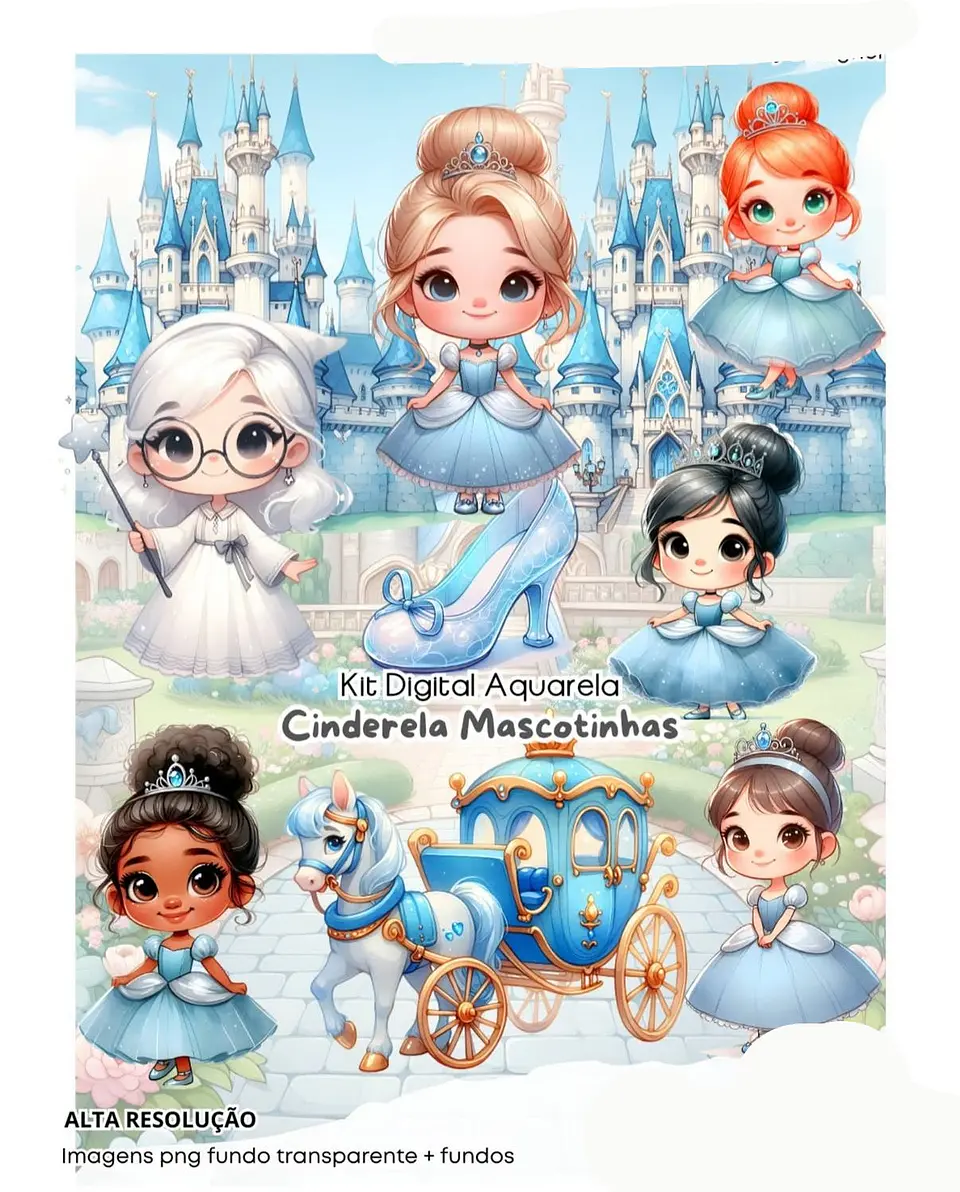 Kit Digital Cinderela mascotinhas aquarela - FANDDY 1