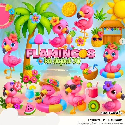 Kit Digital Flamingos 3D - FANDDY
