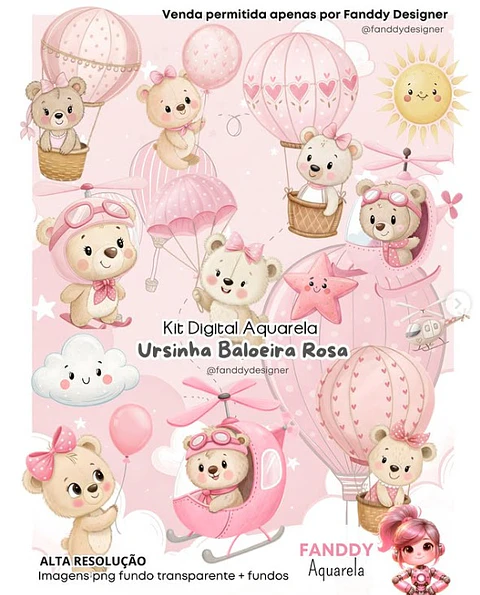 Kit Digital Ursinha baloeira rosa - FANDDY