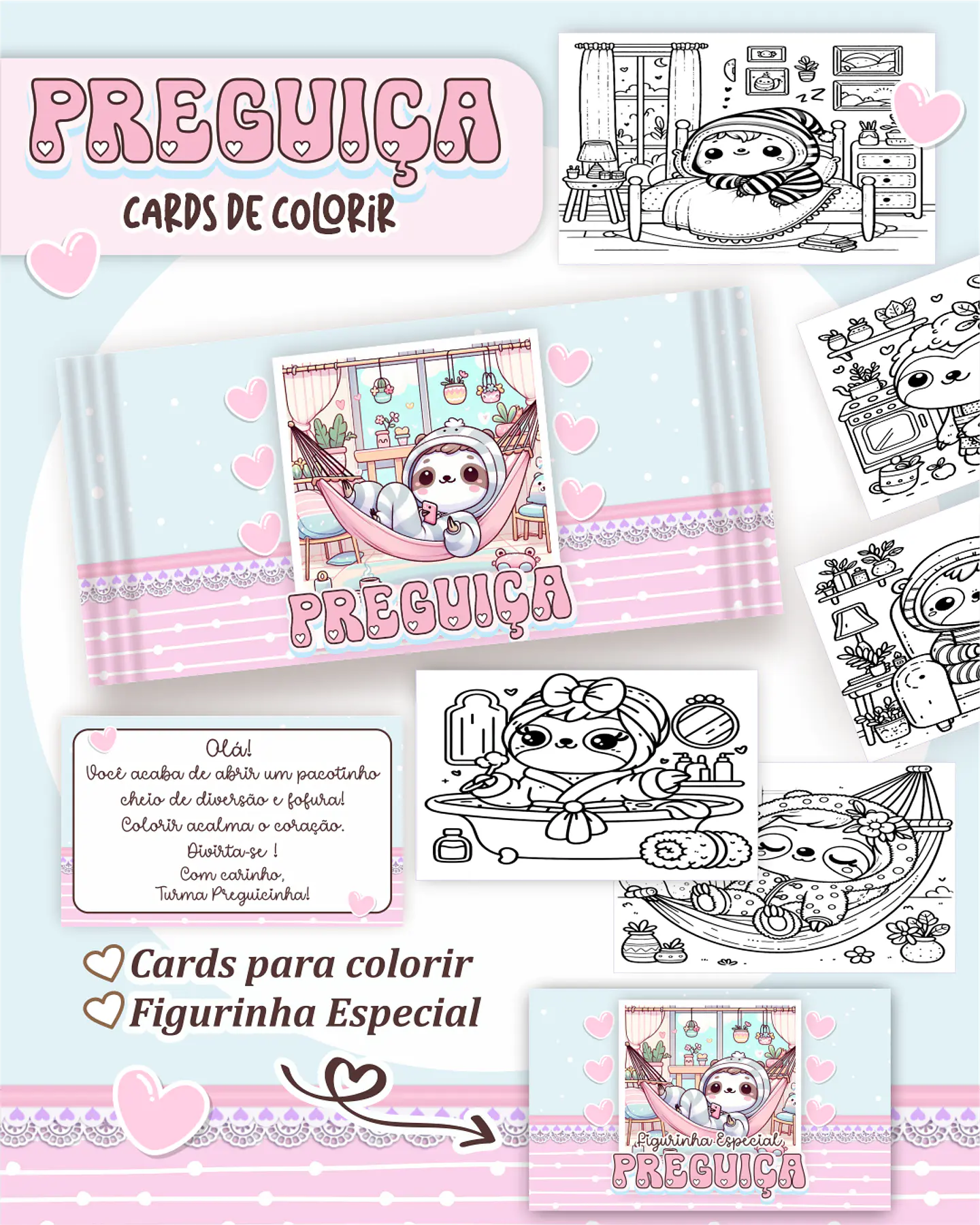 Arquivo Big Card de Colorir Preguiça Kawaii - PAMELLA 1