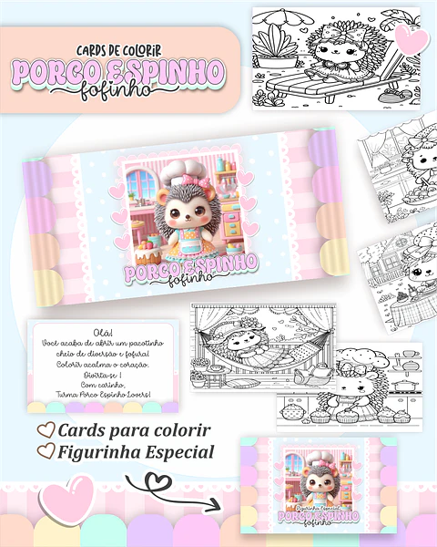 Arquivo Card de Colorir Porco espinho fofinho- PAMELLA
