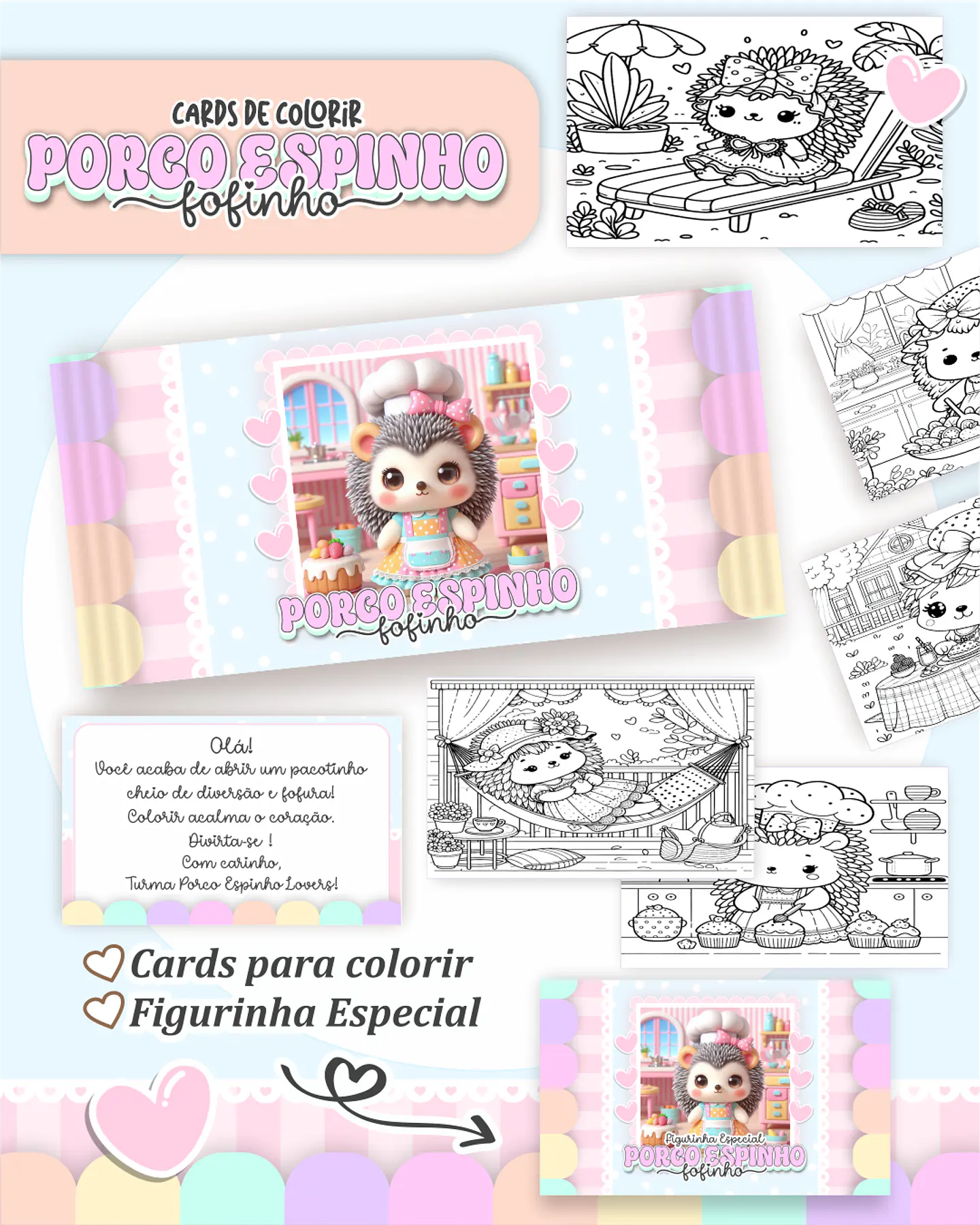 Arquivo Card de Colorir Porco espinho fofinho- PAMELLA 1