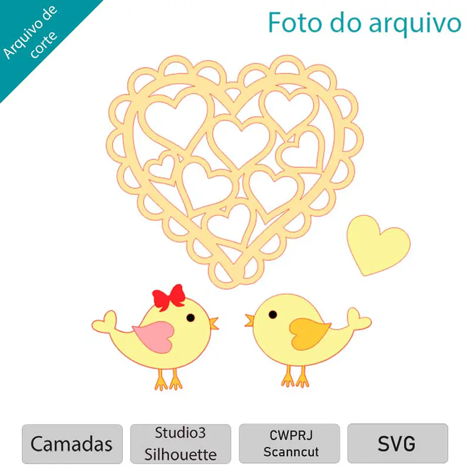 Arquivo Topo de Bolo Dia dos Namorados Casal de Passarinhos Coração Vasado 1